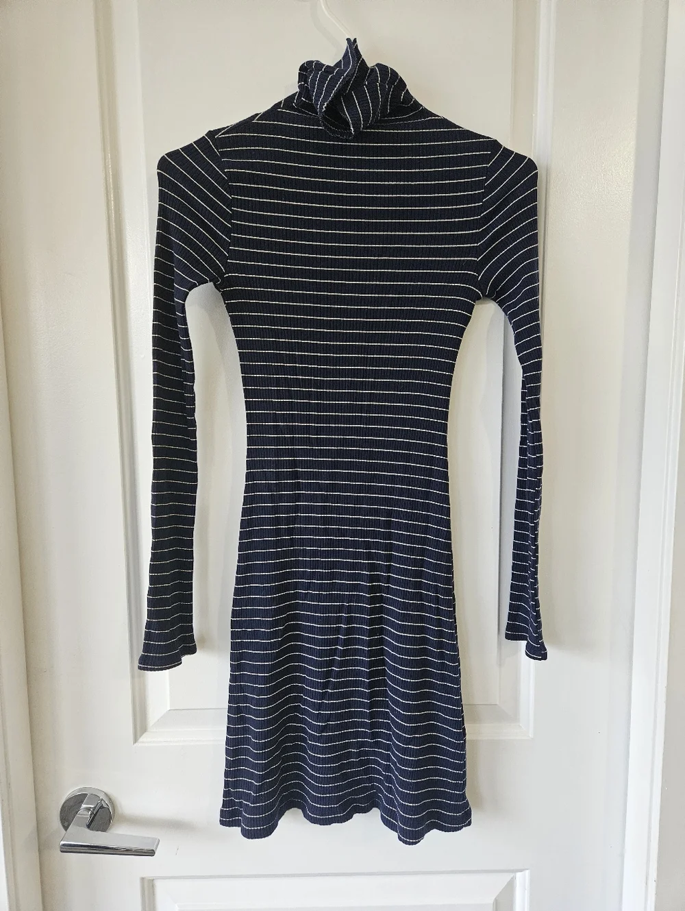 Reformation Navy and White Striped Long-Sleeve Turtleneck Dress Size Extra Small - Picture 2 of 8